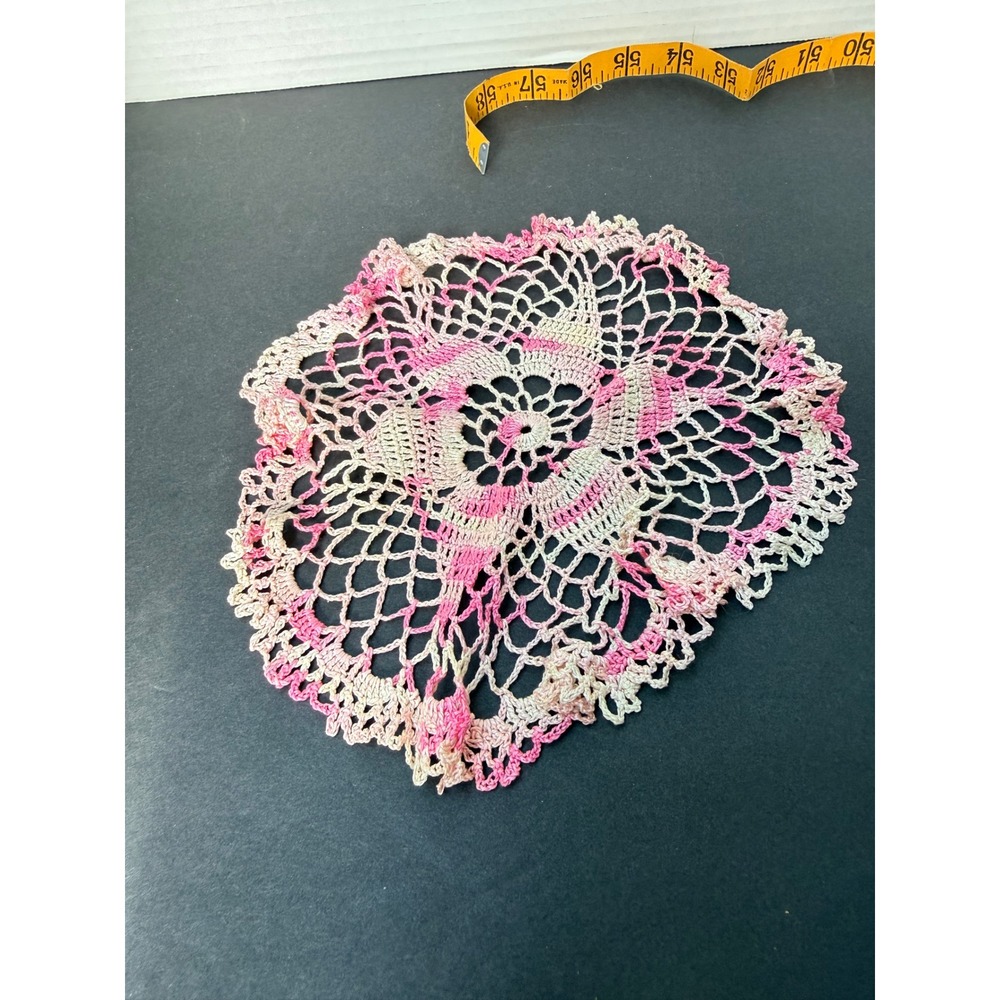 Vintage Pink Variegated Handmade Crochet Doily Starburst Lace 8 Inch Round